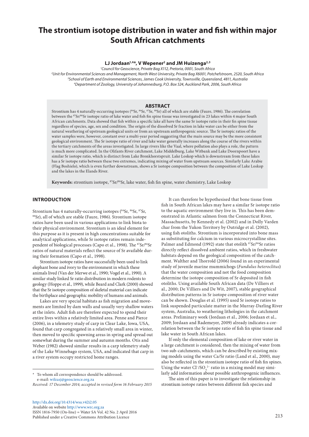 The Strontium Isotope Distribution in Water and Fish Within Major South African Catchments