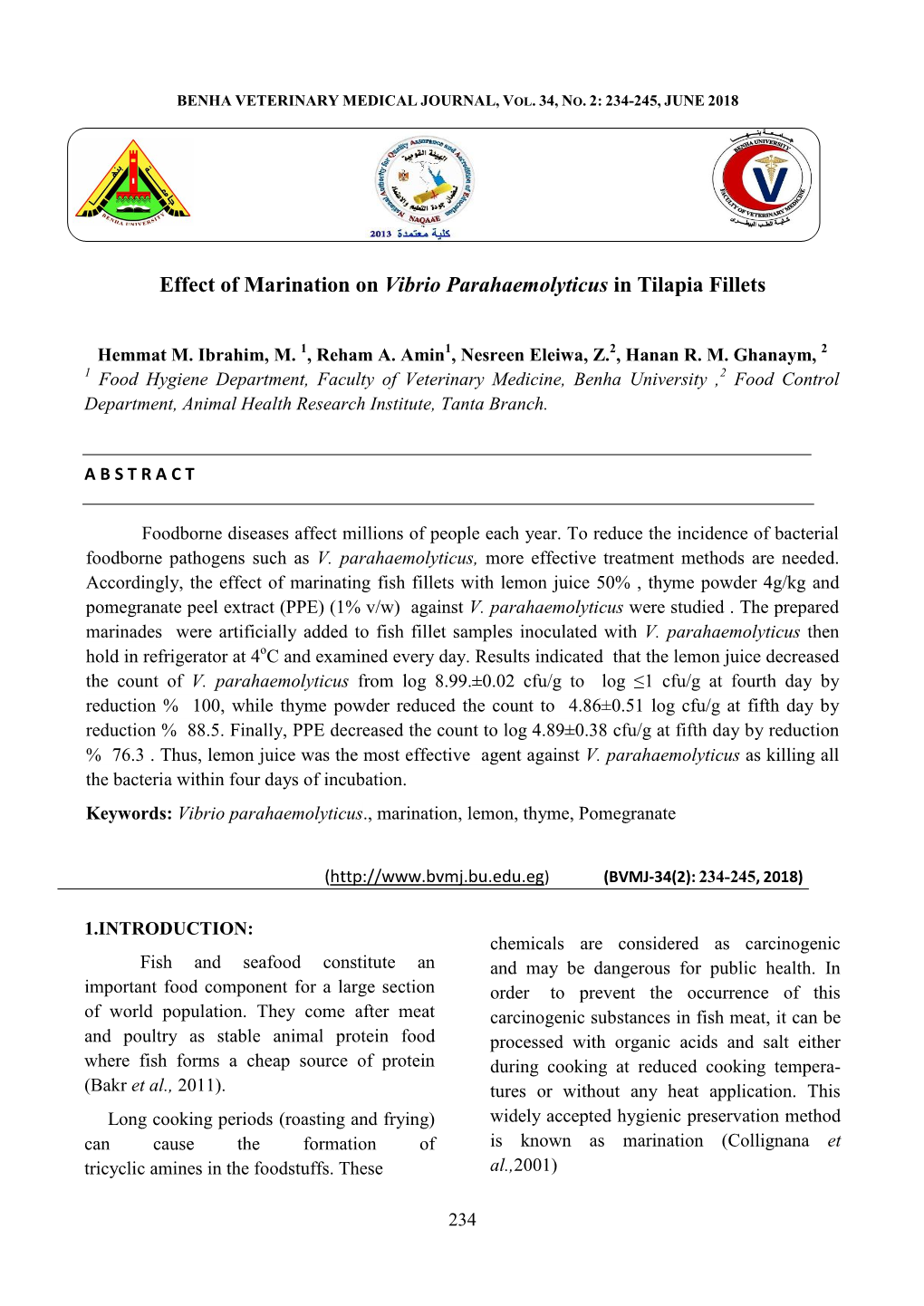 Effect of Marination on Vibrio Parahaemolyticus in Tilapia Fillets