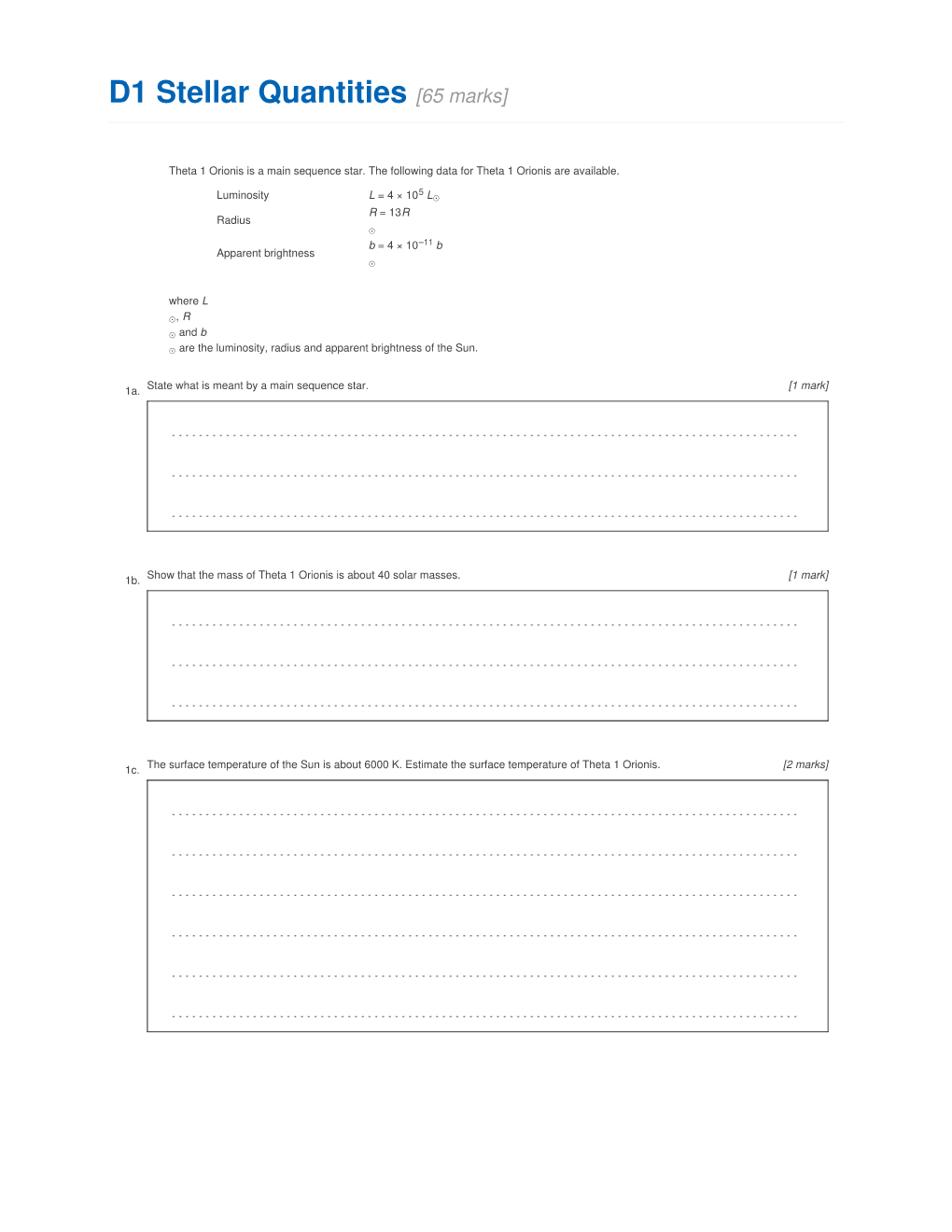 D1 Stellar Quantities [65 Marks]