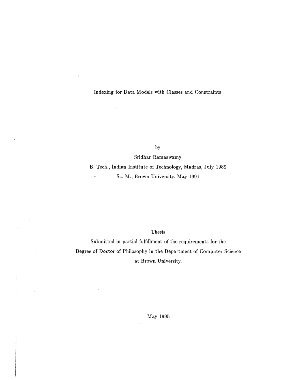 Indexing for Data Models with Classes and Constraints by Sridhar