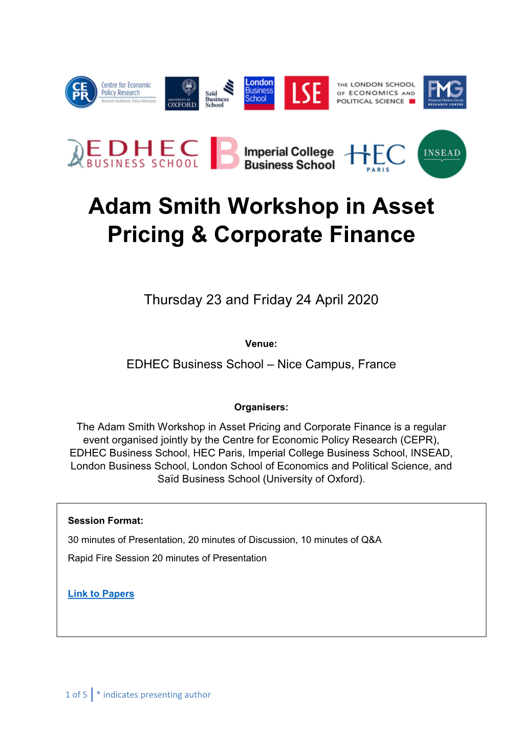Adam Smith Workshop in Asset Pricing & Corporate Finance
