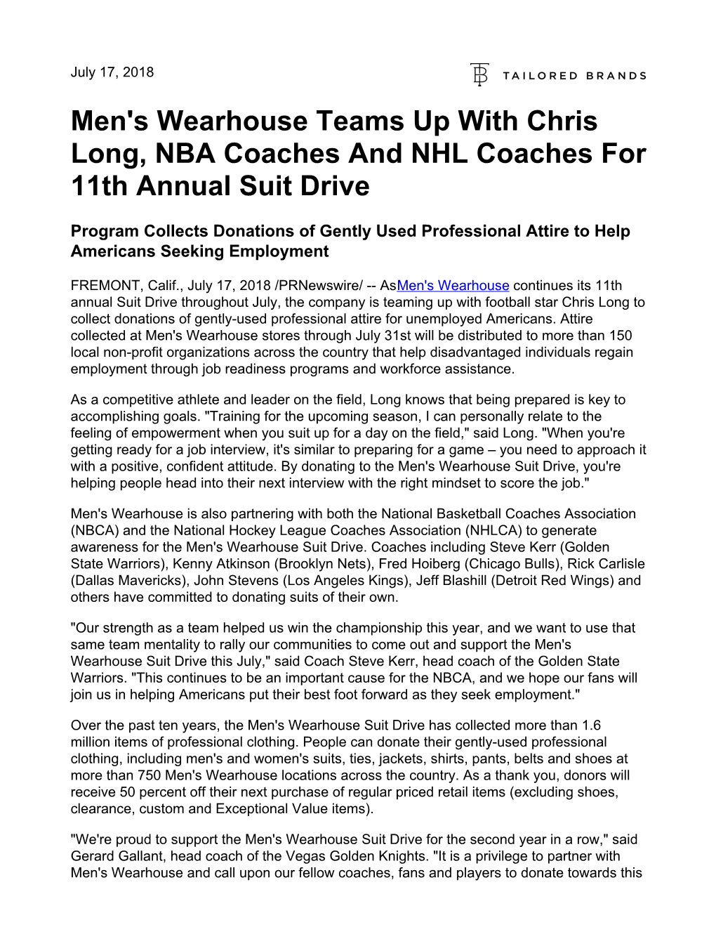 Men's Wearhouse Teams up with Chris Long, NBA Coaches and NHL Coaches for 11Th Annual Suit Drive