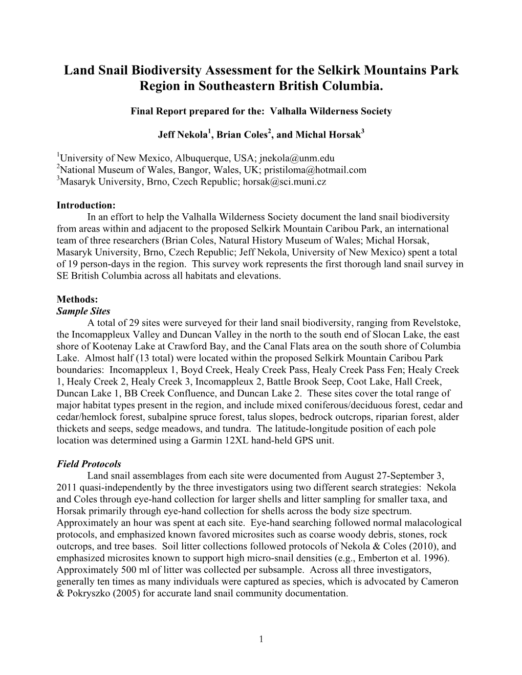 Land Snail Biodiversity Assessment for the Selkirk Mountains Park Region in Southeastern British Columbia