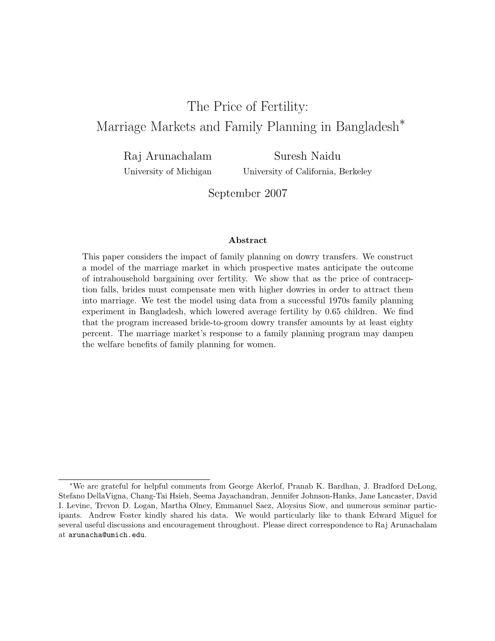 The Price of Fertility: Marriage Markets and Family Planning in Bangladesh∗