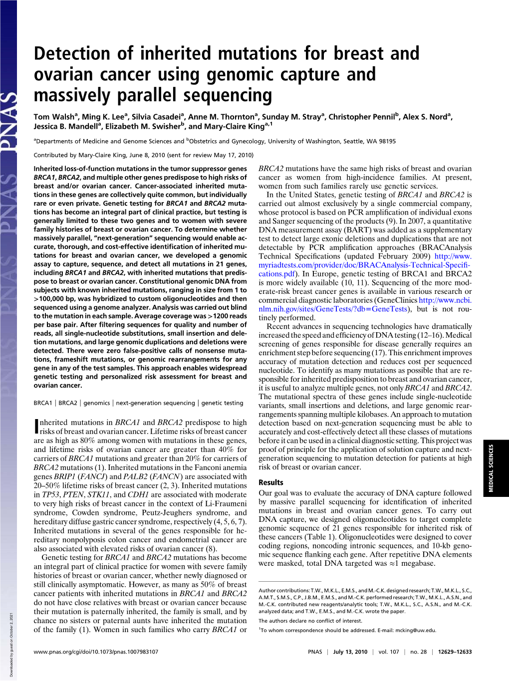 Detection of Inherited Mutations for Breast and Ovarian Cancer Using Genomic Capture and Massively Parallel Sequencing