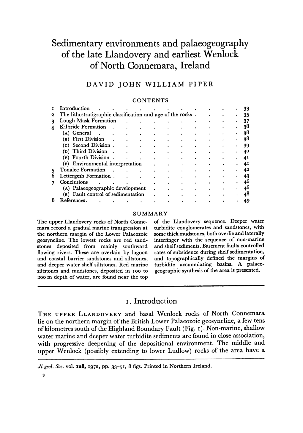 Sedimentary Environments and Palaeogeography of the Late Llandovery and Earliest Wenlock of North Connemara, Ireland