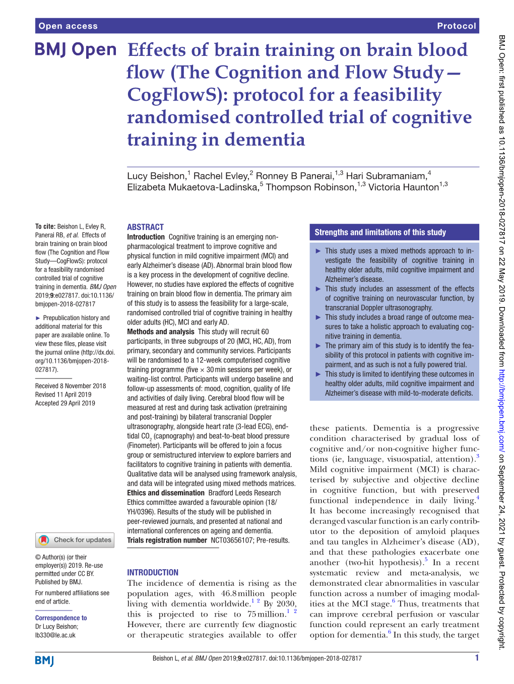 The Cognition and Flow Study— Cogflows): Protocol for a Feasibility Randomised Controlled Trial of Cognitive Training in Dementia