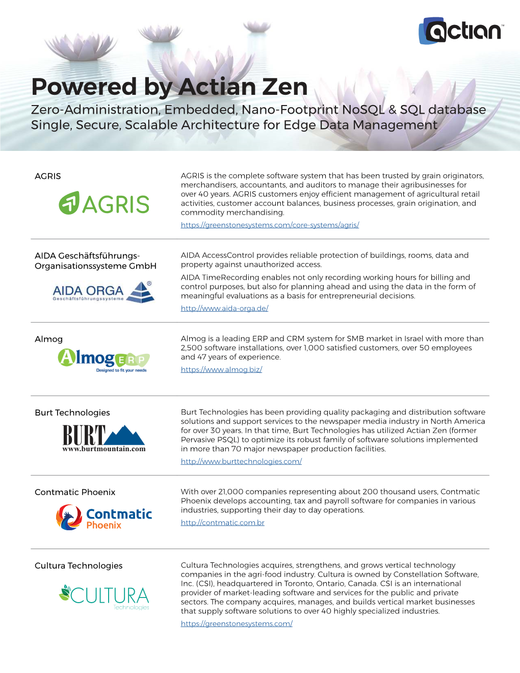 Powered by Actian Zen Zero-Administration, Embedded, Nano-Footprint Nosql & SQL Database Single, Secure, Scalable Architecture for Edge Data Management