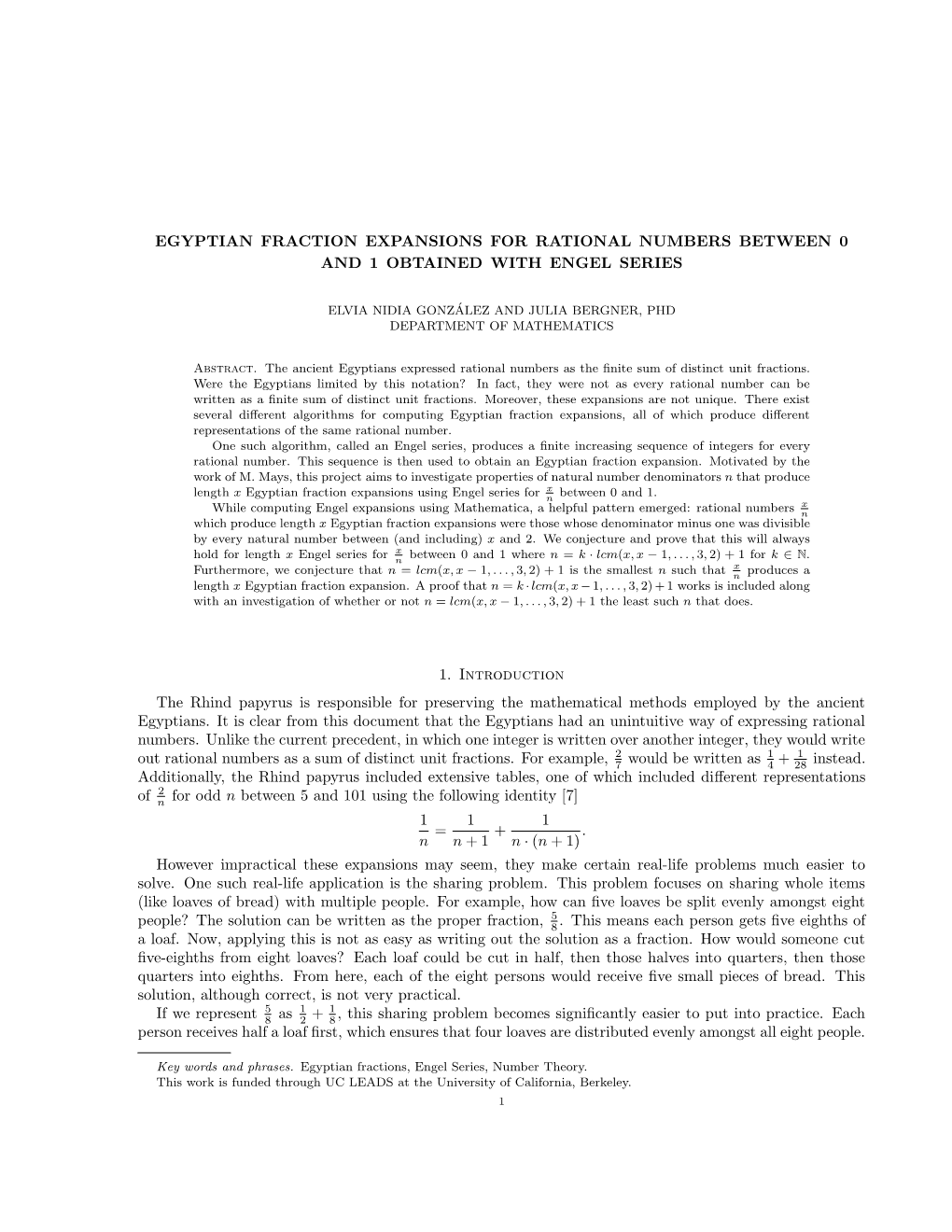 EGYPTIAN FRACTION EXPANSIONS for RATIONAL NUMBERS BETWEEN 0 and 1 OBTAINED with ENGEL SERIES 1. Introduction the Rhind Papyrus I