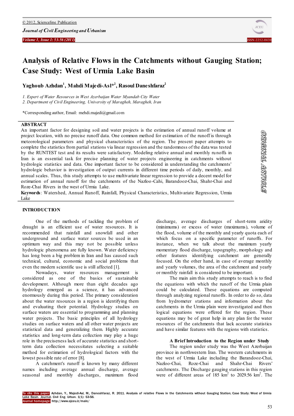 Analysis of Relative Flows in the Catchments Without Gauging Station; Case Study: West of Urmia Lake Basin