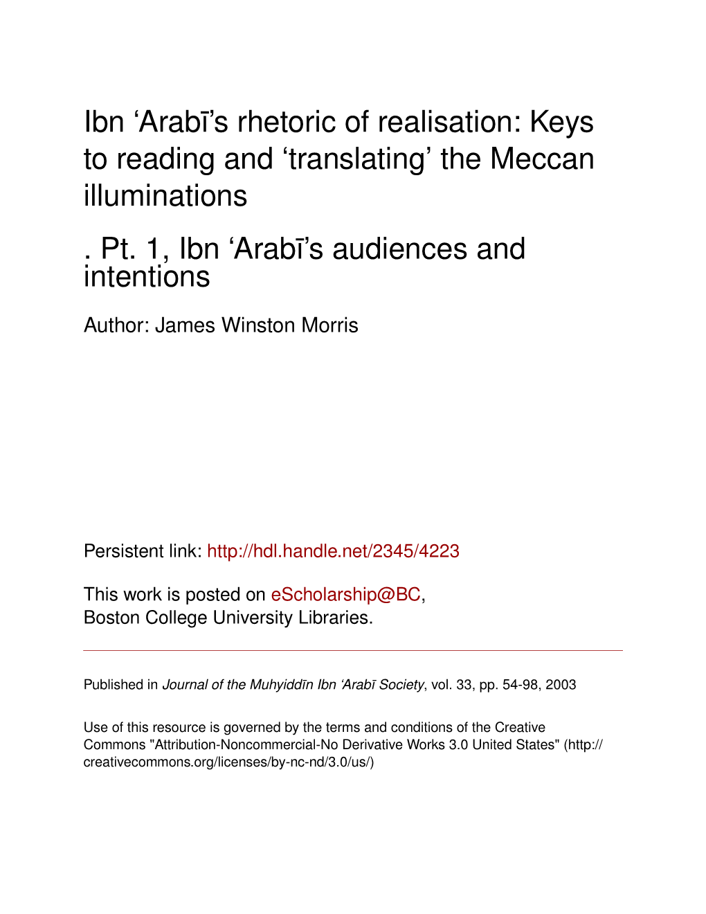 Translating' the Meccan Illuminations . Pt. 1, Ibn 'Arabī