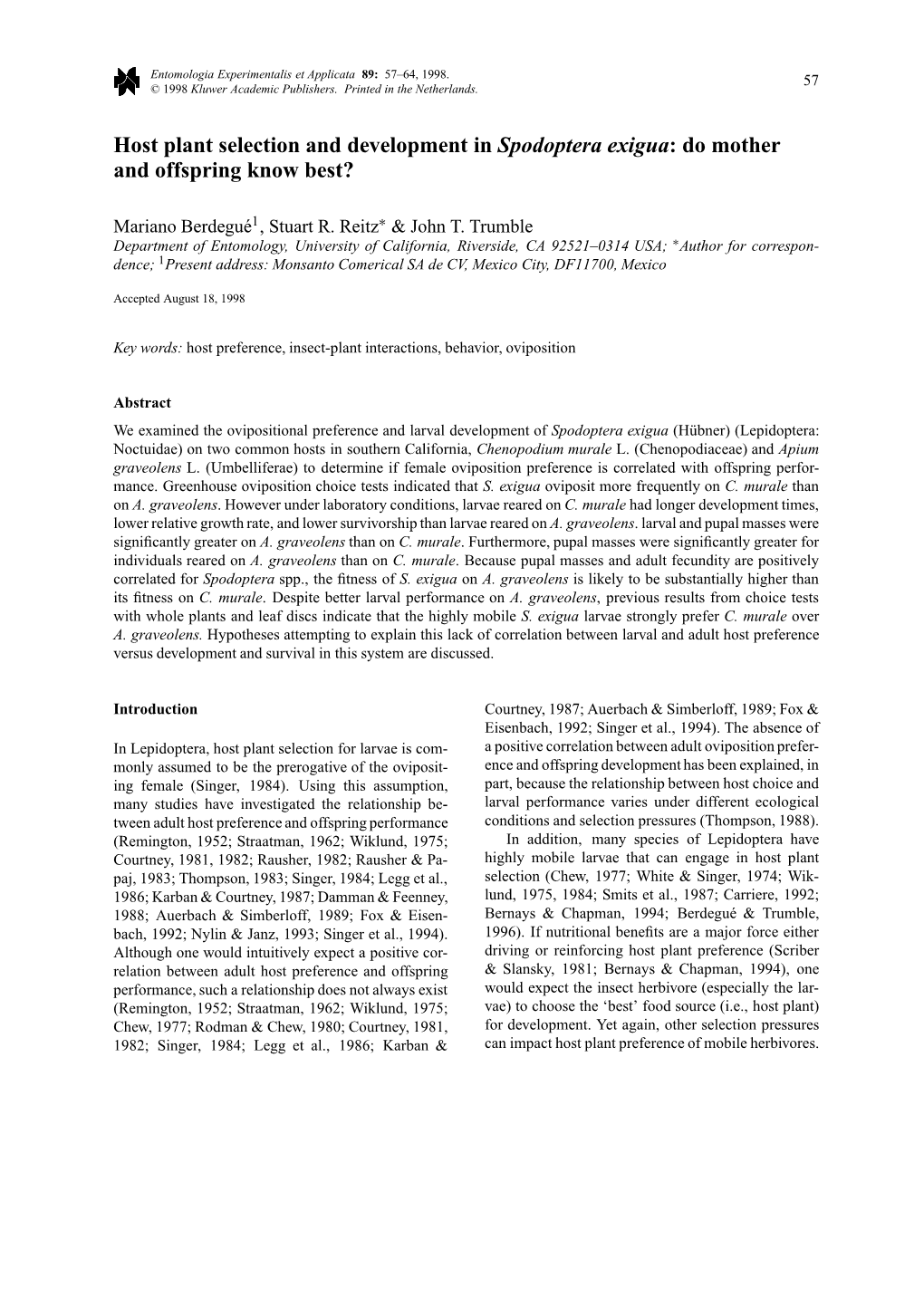 Host Plant Selection and Development in Spodoptera Exigua: Do Mother and Offspring Know Best?