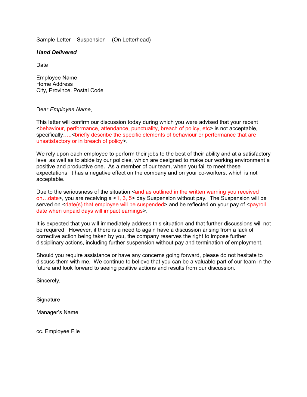 Sample Letter – Written Warning (Except For Performance Improvement Plan Initiation)