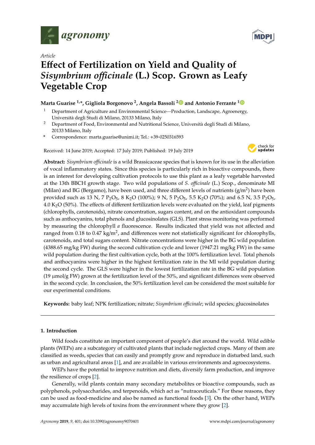 Effect of Fertilization on Yield and Quality of Sisymbrium Officinale (L