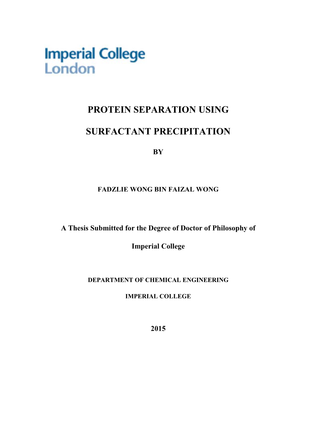 Protein Separation Using Surfactant Precipitation [Phd Thesis]