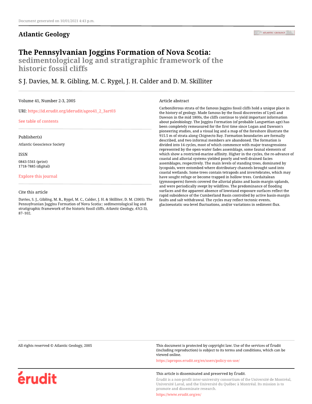 The Pennsylvanian Joggins Formation of Nova Scotia: Sedimentological Log and Stratigraphic Framework of the Historic Fossil Cliffs S J