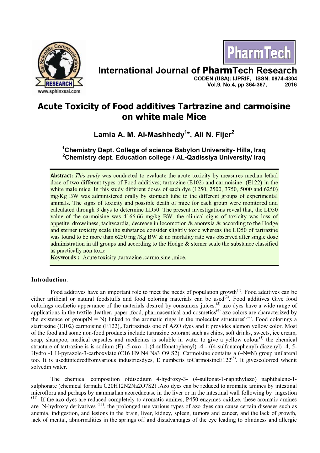 Acute Toxicity of Food Additives Tartrazine and Carmoisine on White Male Mice