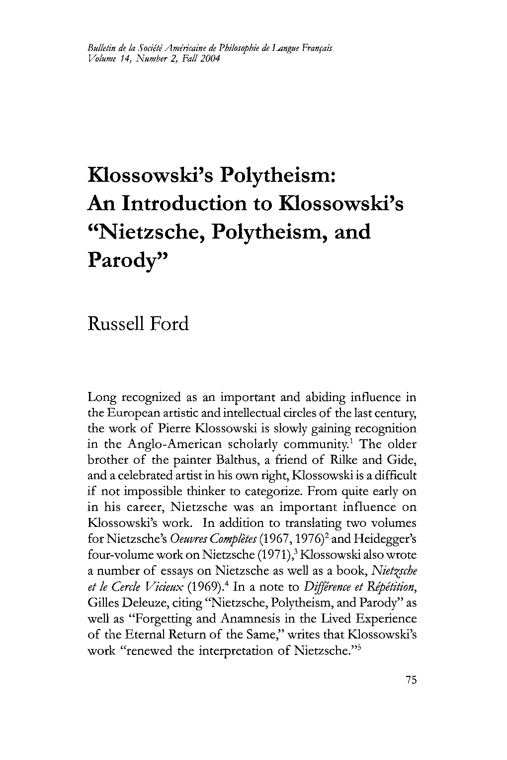 Klossowski's Polytheism: "Nietzsehe, Polytheism, and Parody"