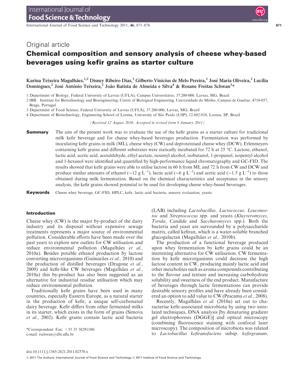 Chemical Composition and Sensory Analysis of Cheese Wheybased Beverages Using Kefir Grains As Starter Culture