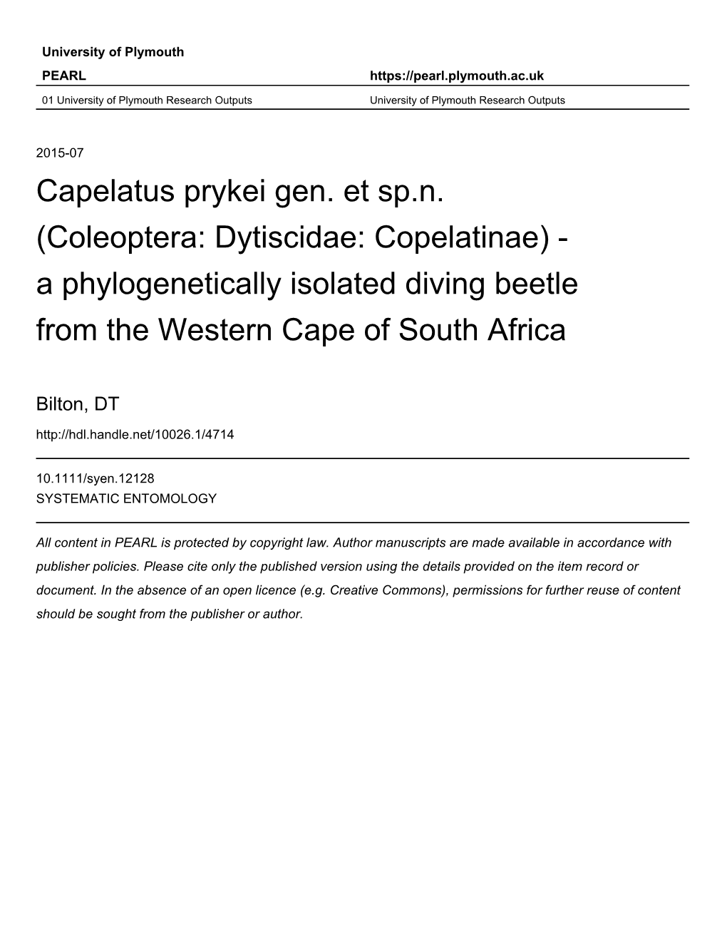 Coleoptera: Dytiscidae: Copelatinae) - a Phylogenetically Isolated Diving Beetle from the Western Cape of South Africa