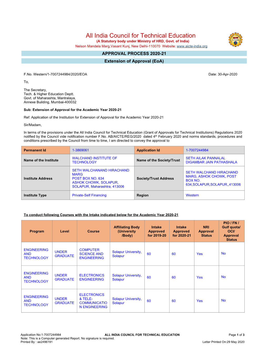 All India Council for Technical Education (A Statutory Body Under Ministry of HRD, Govt