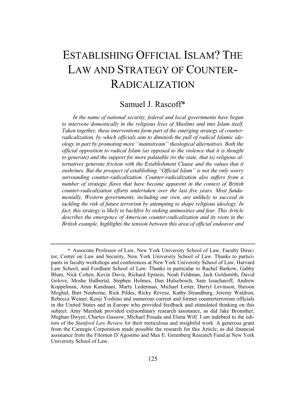 Establishing Official Islam? the Law and Strategy of Counter- Radicalization