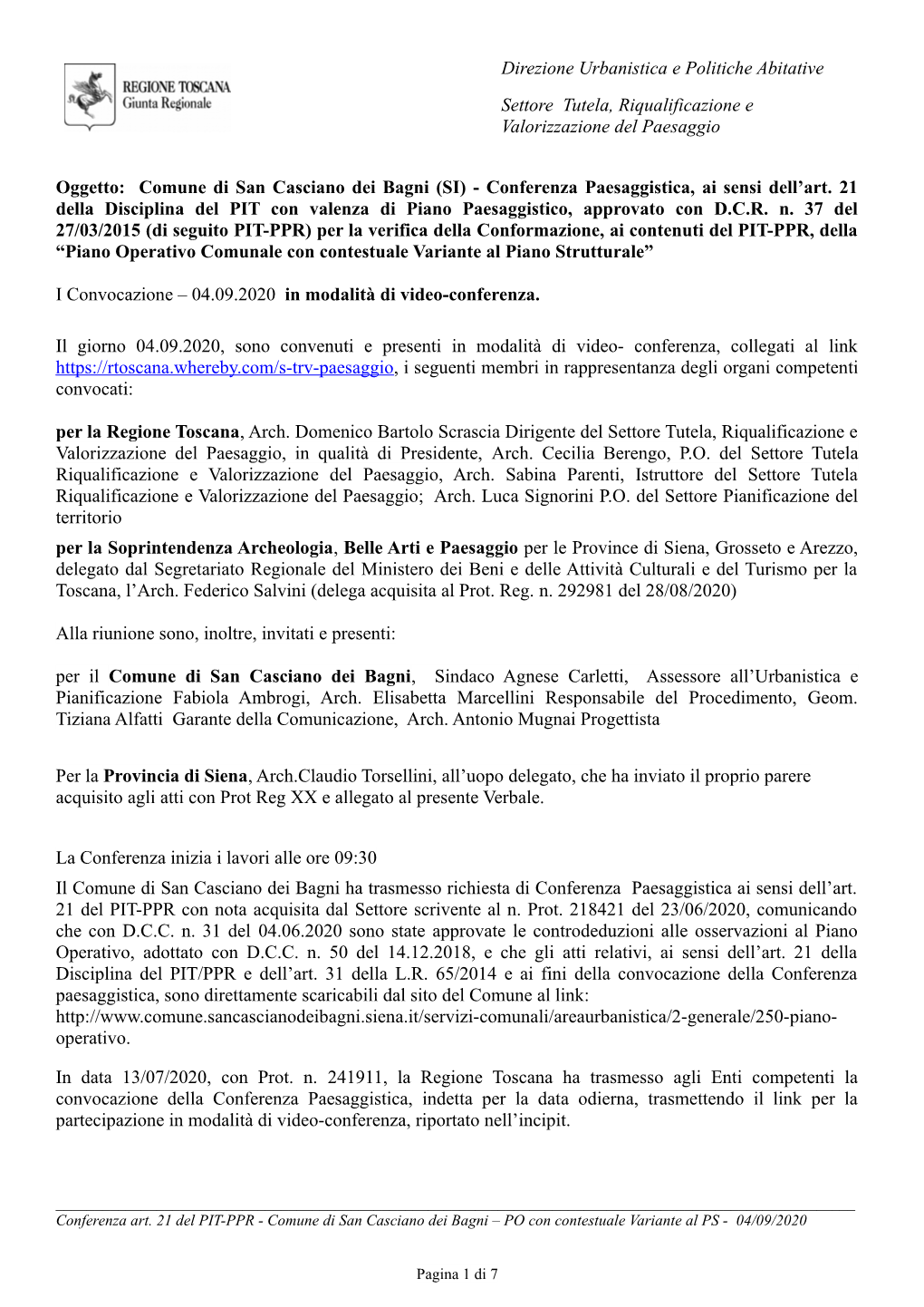 Direzione Urbanistica E Politiche Abitative Settore Tutela, Riqualificazione E Valorizzazione Del Paesaggio Oggetto