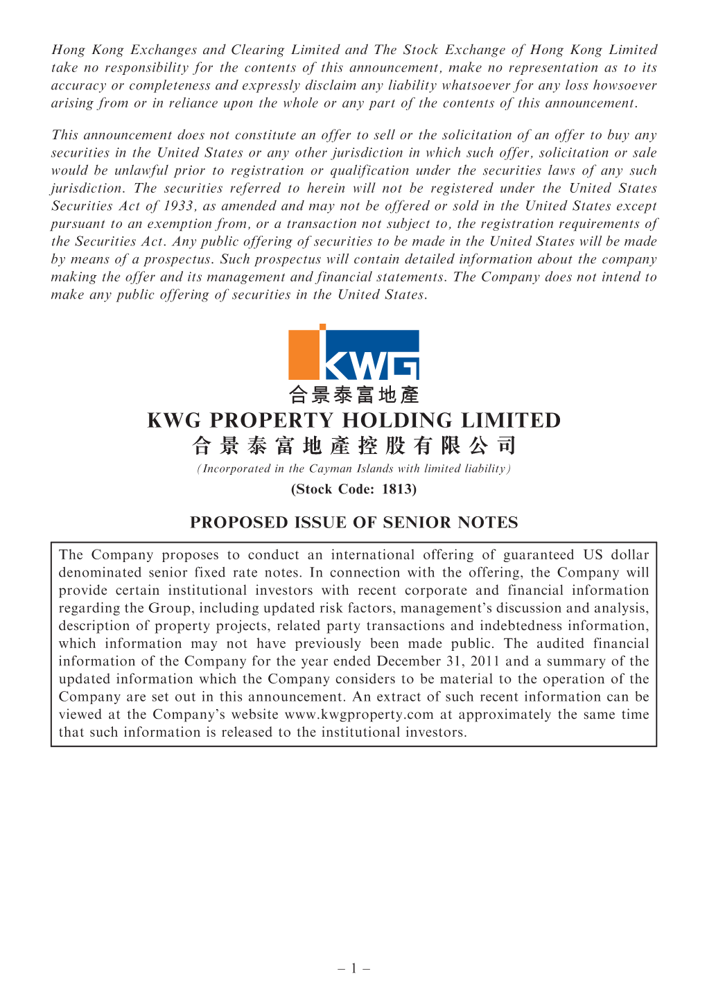 Kwg Property Holding Limited 合景泰富地產控股有限公司