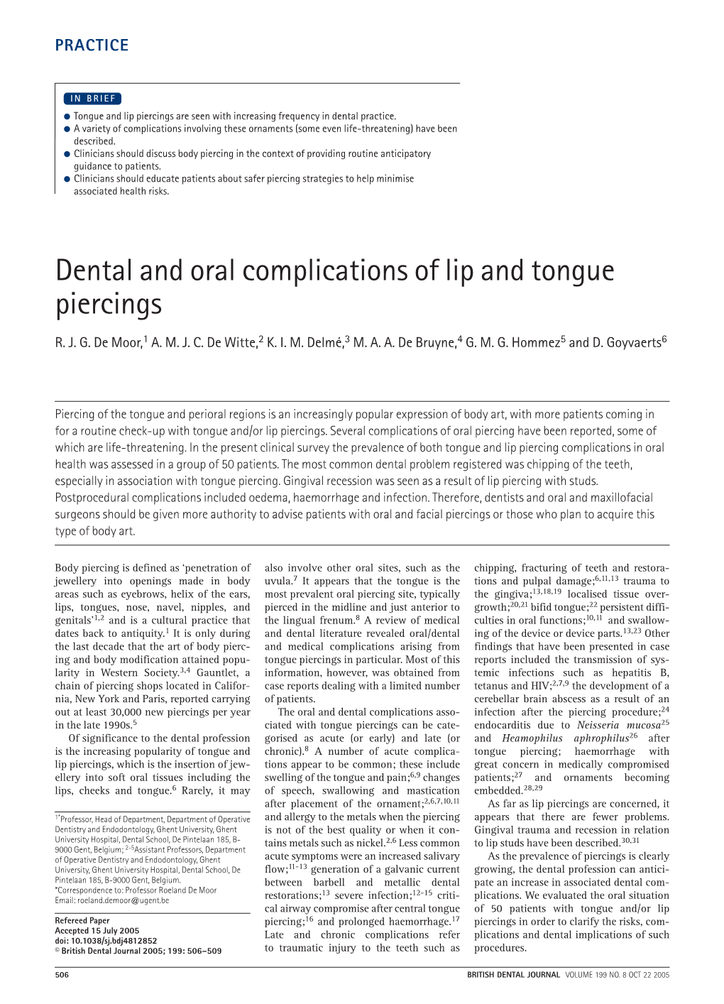 Dental and Oral Complications of Lip and Tongue Piercings