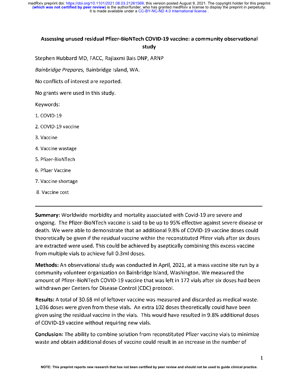 Assessing Unused Residual Pfizer-Biontech COVID-19 Vaccine