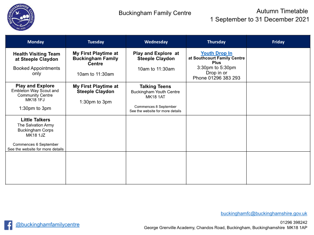 Autumn Timetable 1 September to 31 December 2021
