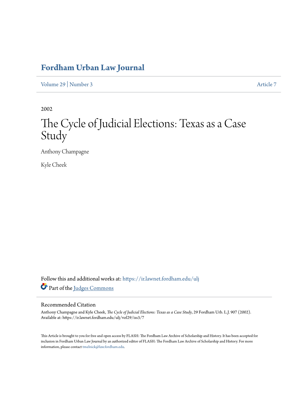 The Cycle of Judicial Elections: Texas As a Case Study, 29 Fordham Urb