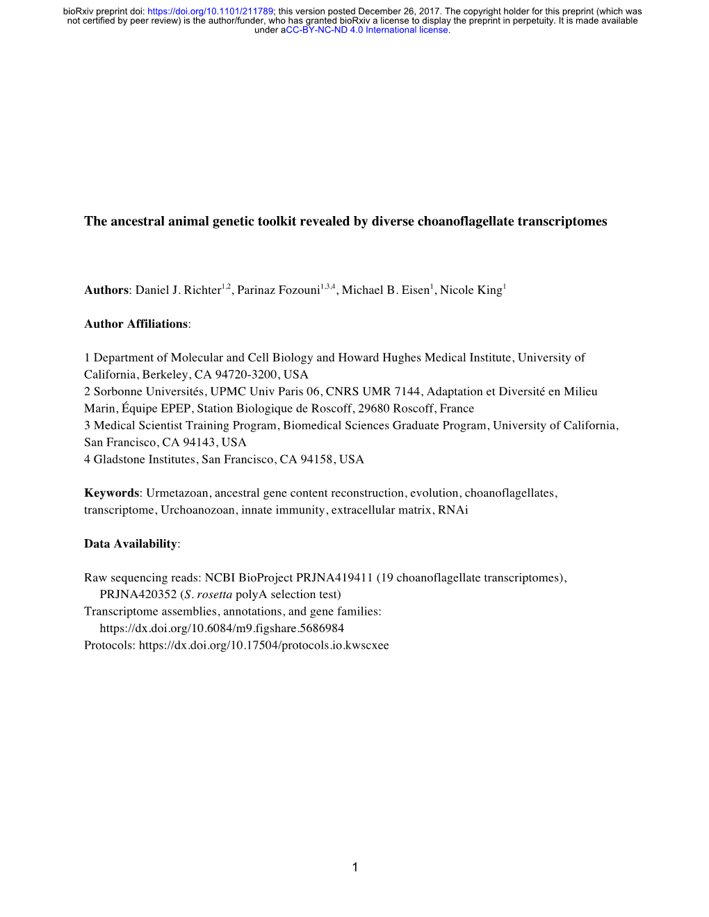 The Ancestral Animal Genetic Toolkit Revealed by Diverse Choanoflagellate Transcriptomes