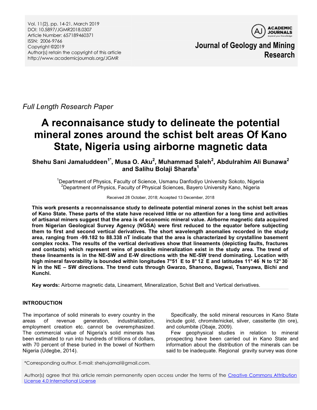 A Reconnaisance Study to Delineate the Potential Mineral Zones Around the Schist Belt Areas of Kano State, Nigeria Using Airborne Magnetic Data