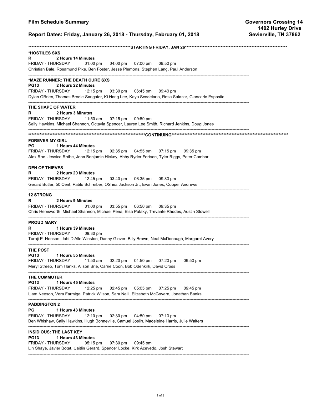 Film Schedule Summary Governors Crossing 14 1402 Hurley Drive Report Dates: Friday, January 26, 2018 - Thursday, February 01, 2018 Sevierville, TN 37862