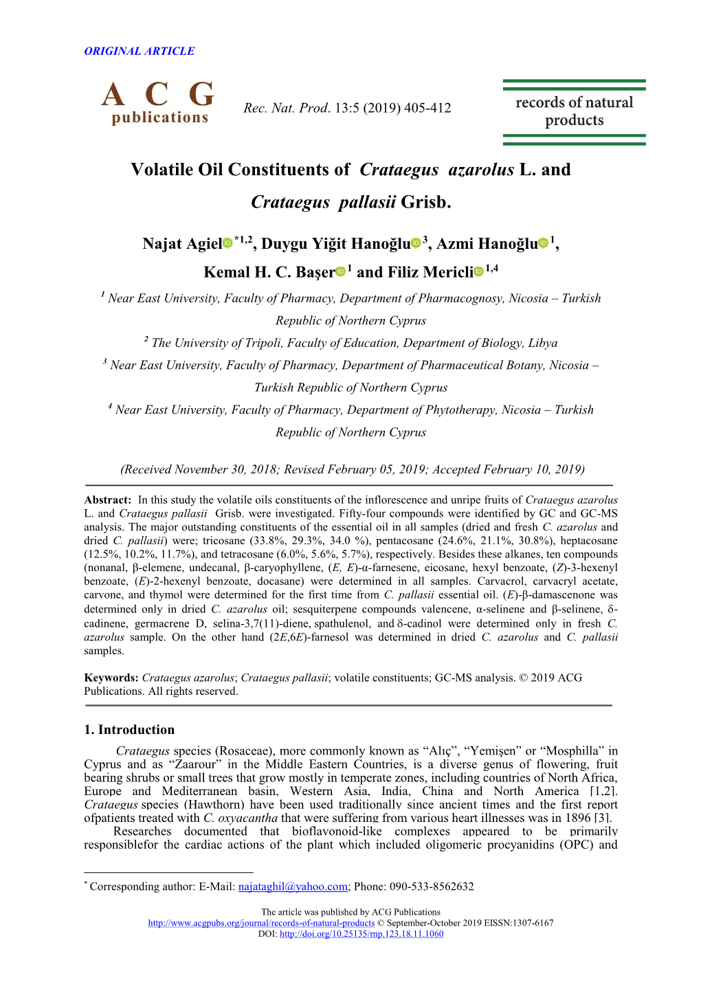 Volatile Oil Constituents of Crataegus Azarolus L. and Crataegus Pallasii Grisb