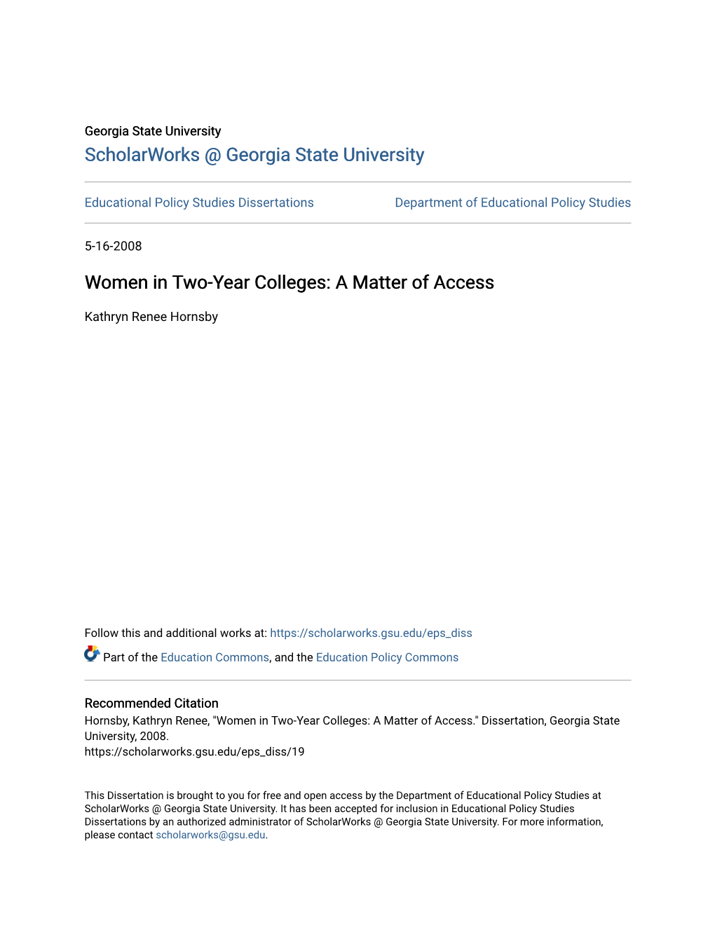 Women in Two-Year Colleges: a Matter of Access