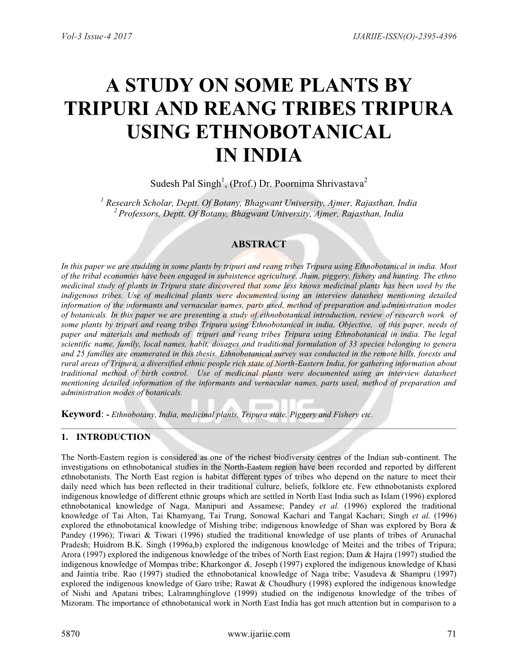 A Study on Some Plants by Tripuri and Reang Tribes Tripura Using Ethnobotanical in India