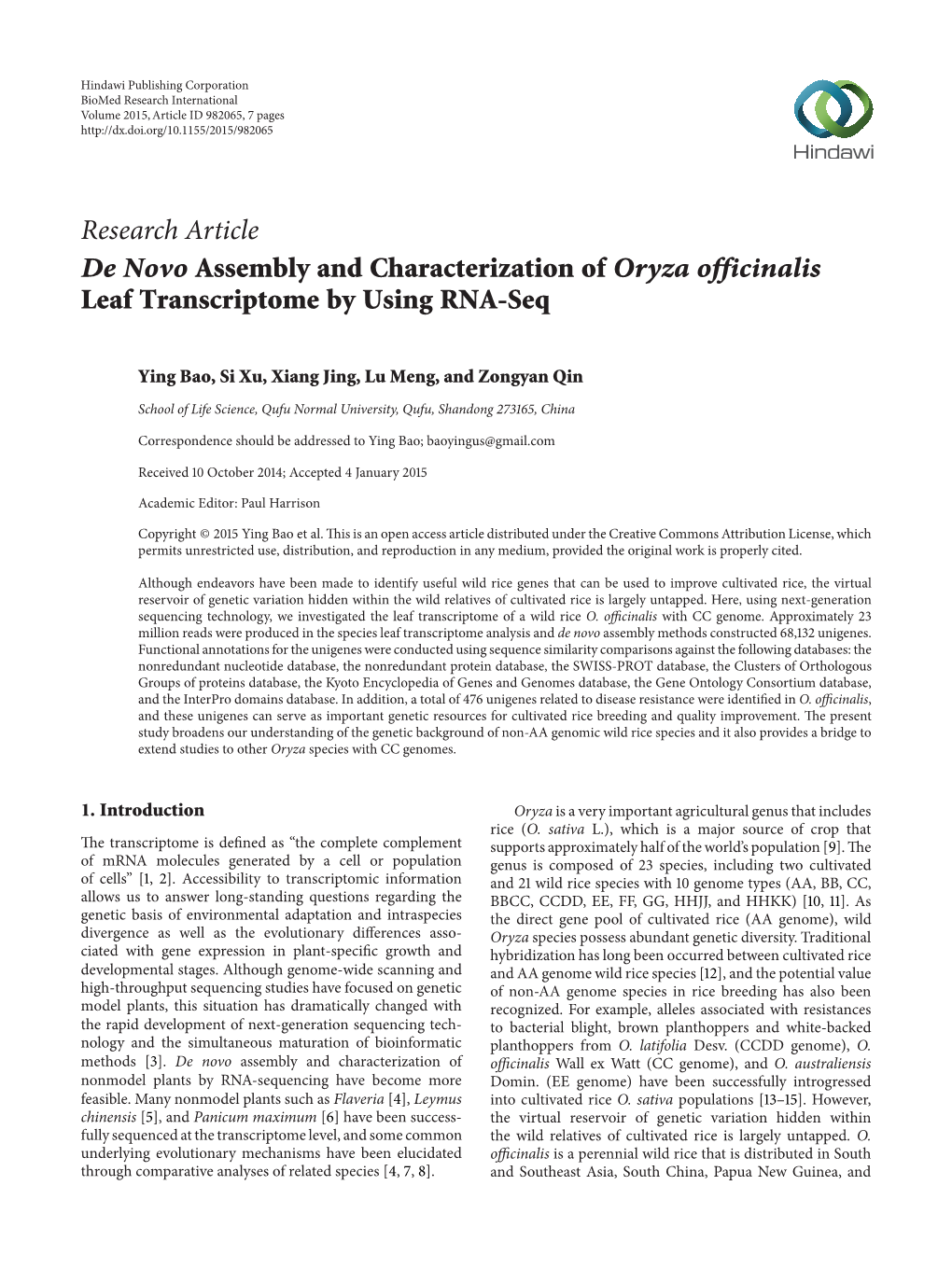 De Novo Assembly and Characterization of Oryza Officinalis Leaf Transcriptome by Using RNA-Seq