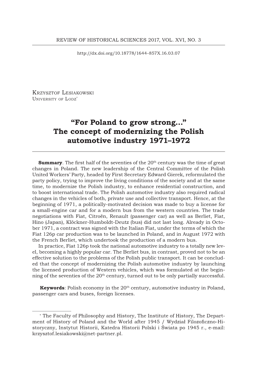 “For Poland to Grow Strong…” the Concept of Modernizing the Polish Automotive Industry 1971–1972