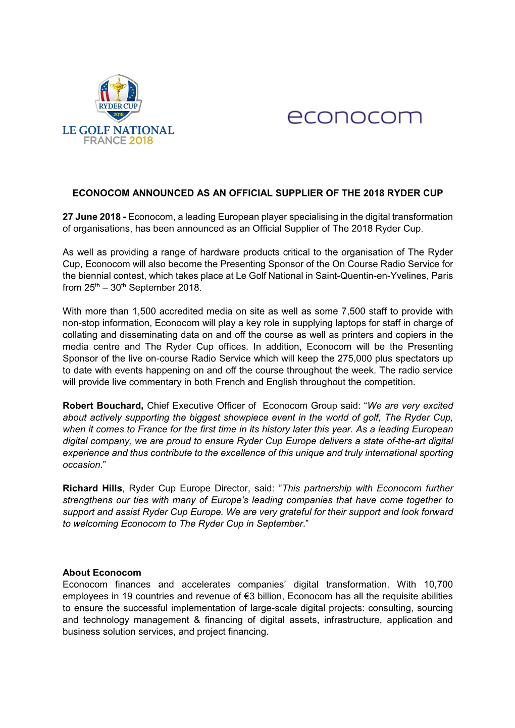 Econocom Announced As an Official Supplier of the 2018 Ryder Cup