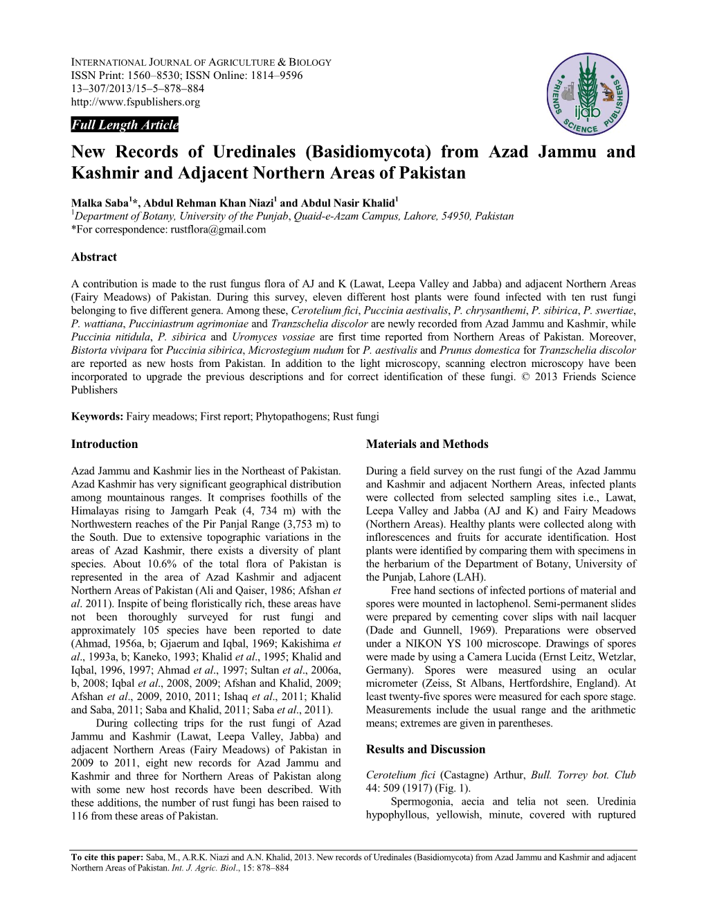 New Records of Uredinales (Basidiomycota) from Azad Jammu and Kashmir and Adjacent Northern Areas of Pakistan