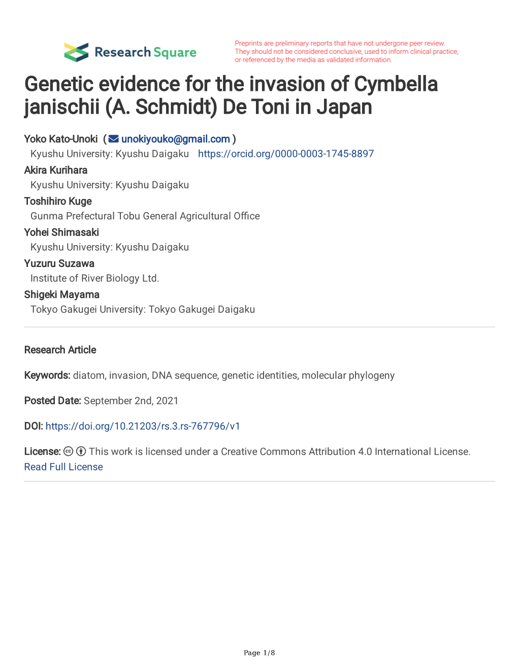 Genetic Evidence for the Invasion of Cymbella Janischii (A. Schmidt) De Toni in Japan