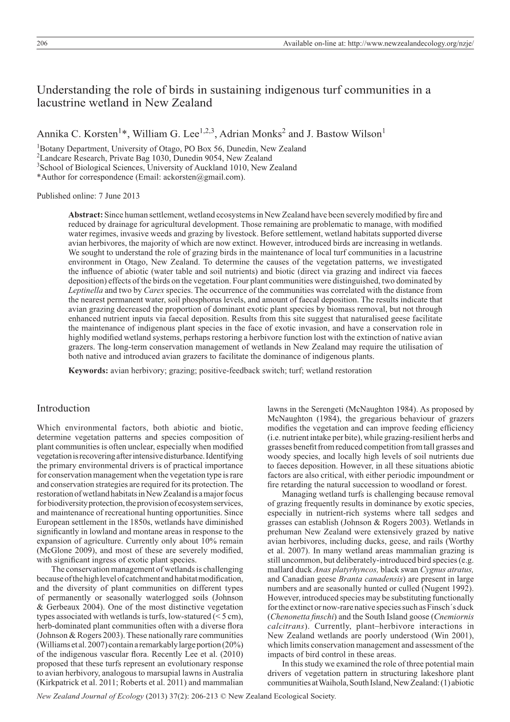 Understanding the Role of Birds in Sustaining Indigenous Turf Communities in a Lacustrine Wetland in New Zealand