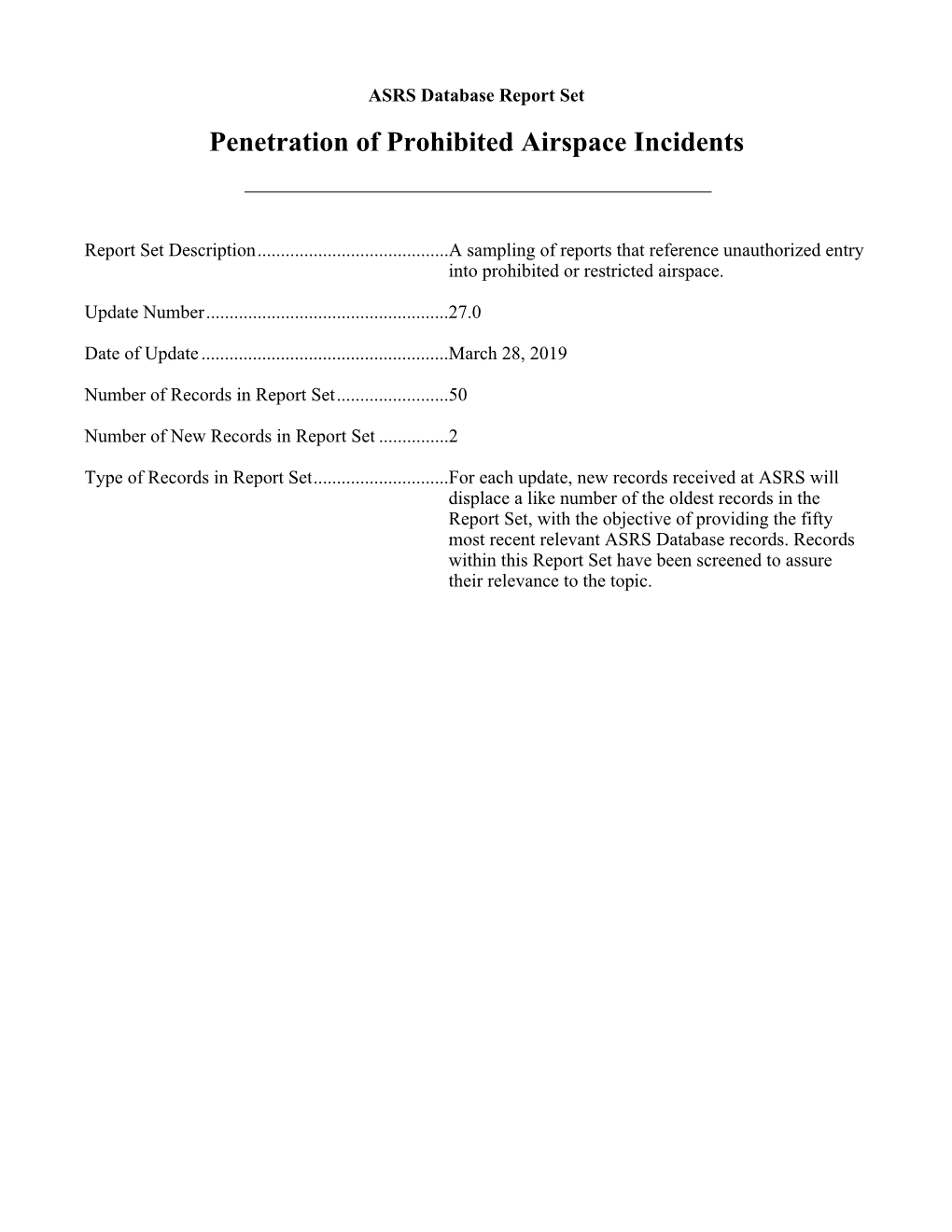 Penetration of Prohibited Airspace Incidents