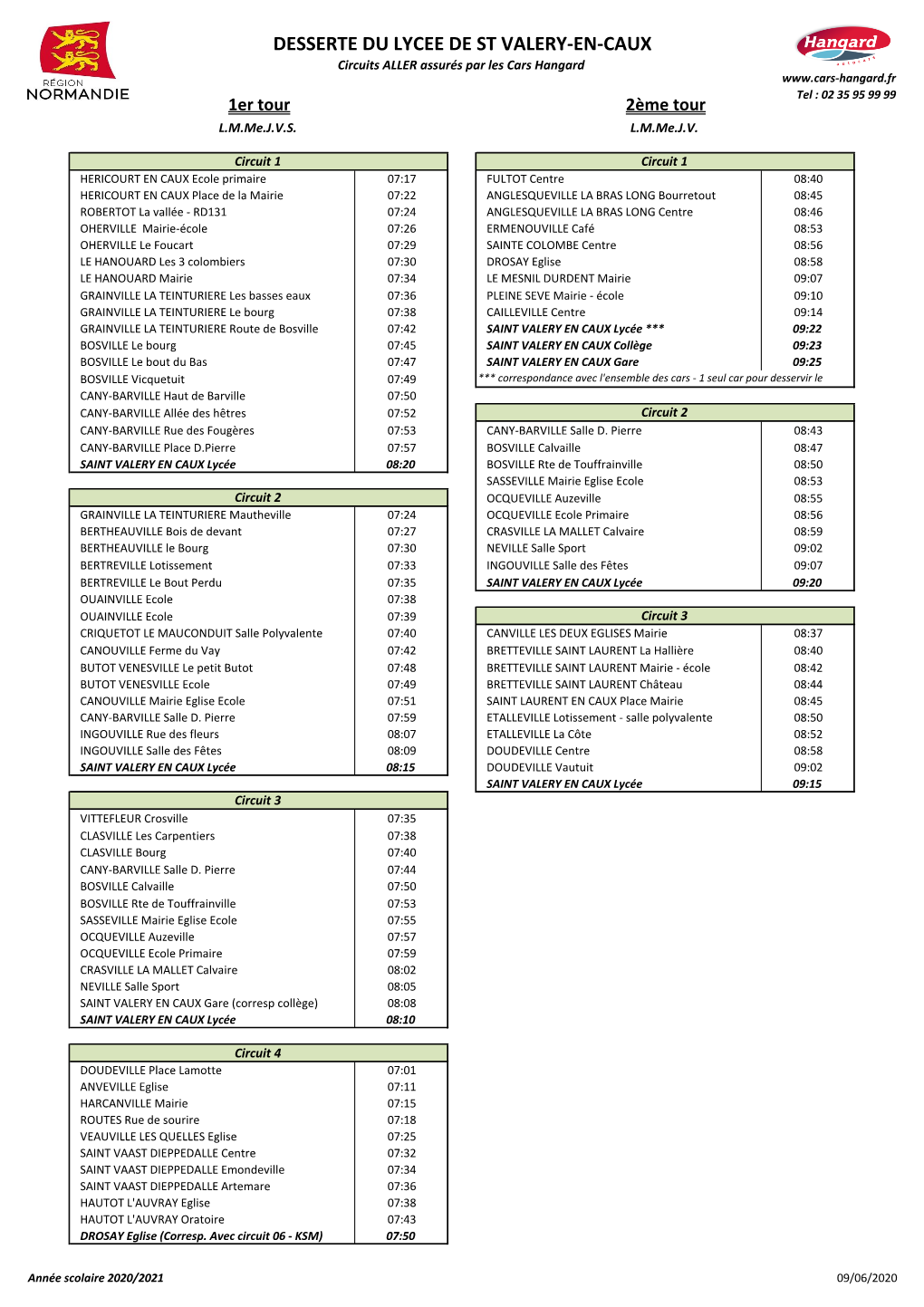 DESSERTE DU LYCEE DE ST VALERY-EN-CAUX Circuits ALLER Assurés Par Les Cars Hangard Tel : 02 35 95 99 99 1Er Tour 2Ème Tour L.M.Me.J.V.S