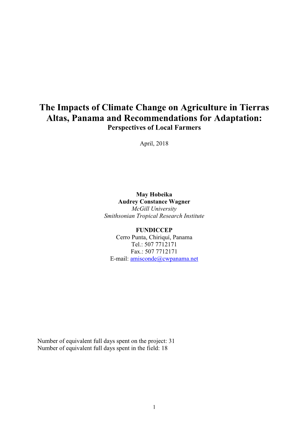 The Impacts of Climate Change on Agriculture in Tierras Altas, Panama and Recommendations for Adaptation: Perspectives of Local Farmers