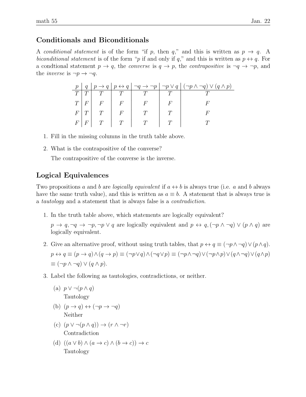 Conditionals and Biconditionals Logical Equivalences