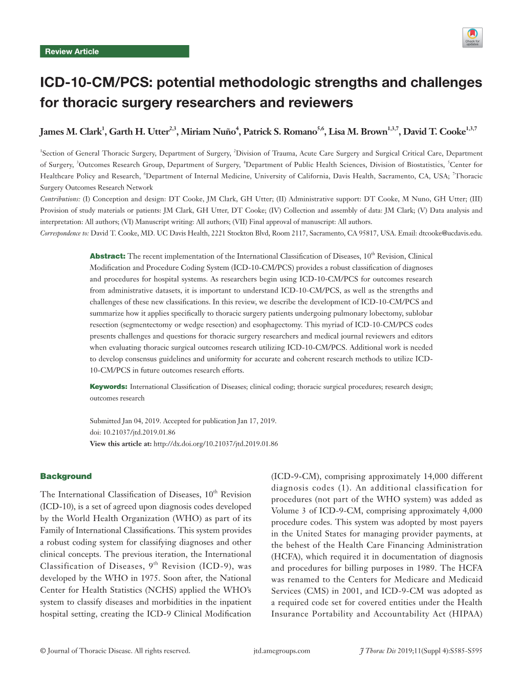 ICD-10-CM/PCS: Potential Methodologic Strengths and Challenges for Thoracic Surgery Researchers and Reviewers