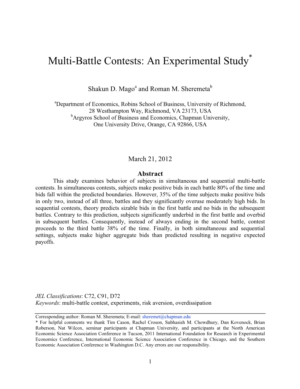 Multi-Battle Contests: an Experimental Study*